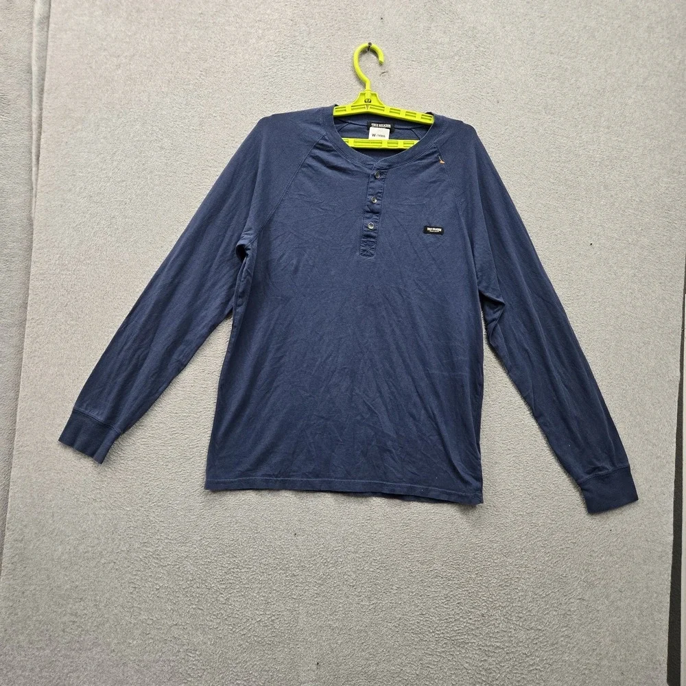 True Religion Men Shirt M/M Blue Henley Button Logo Long Sleeve